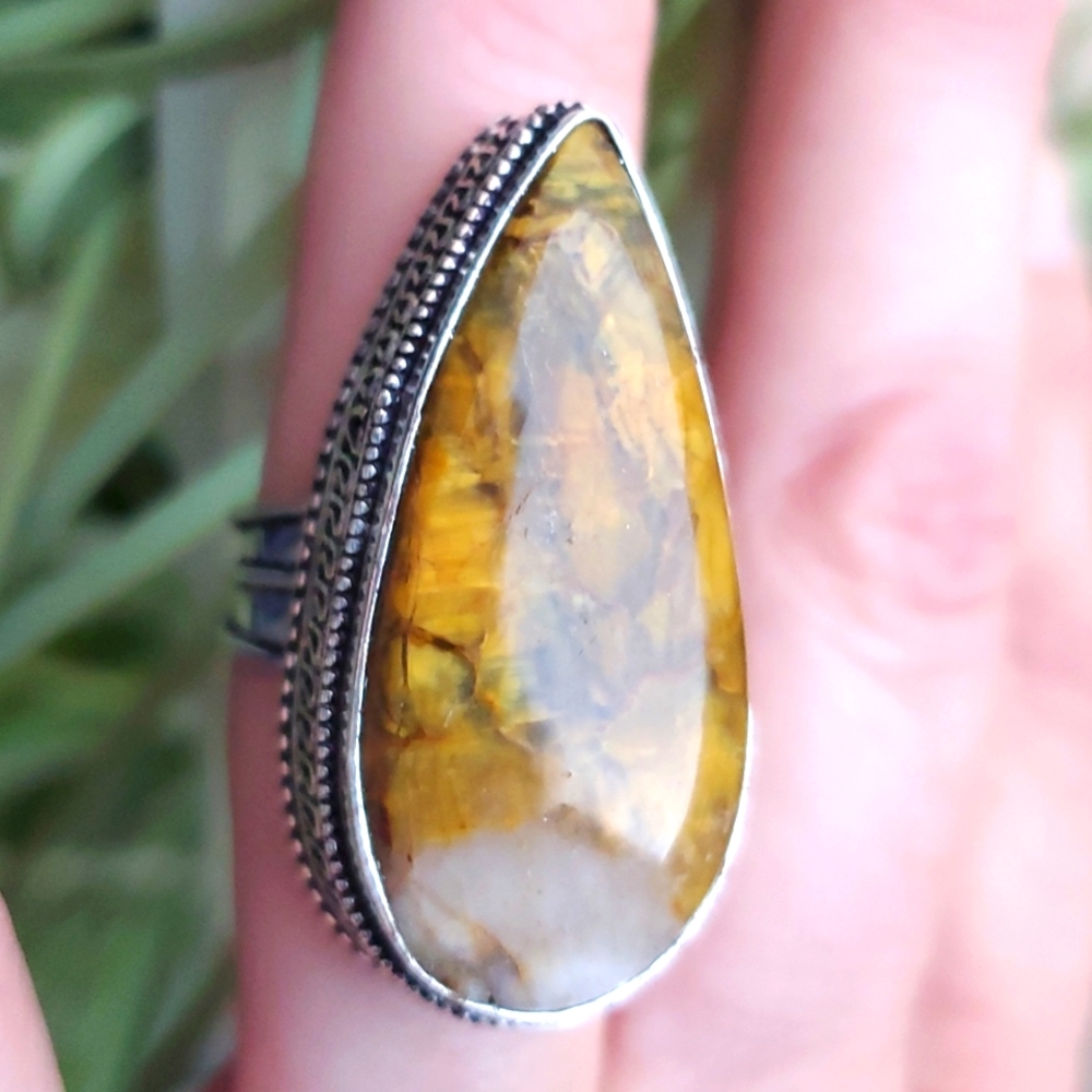 New Oversized Golden Pietersite 925 Silver Statement Ring.